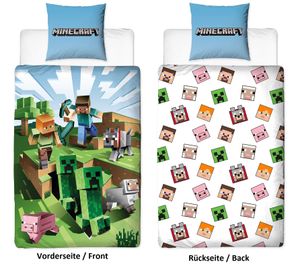 Kinder-Bettwäsche Set Minecraft mit Wendemotiv BATTLE 80 x 80 cm 135 x 200cm 100% Baumwolle Linon mit Reißverschluss