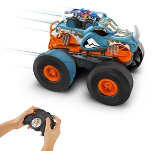Hot Wheels Monster Trucks HW ferngesteuerter, umbaubarer Rhinomite im Maßstab 1:12 mit Race Ace Spielzeugtruck im Maßstab 1:64, lässt sich in einen Starter umbauen und mit dem orangefarbenen Track verbinden