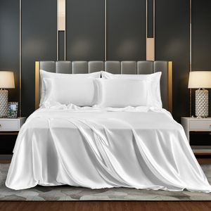 (137*190+36, Weiß) Satin-Bettwäsche, seidiges 4-teiliges Bettwäsche-Set, Satin-Bettwäsche mit tiefem Taschen-Spannbettlaken, Bettlaken und 2 Kissenbezügen