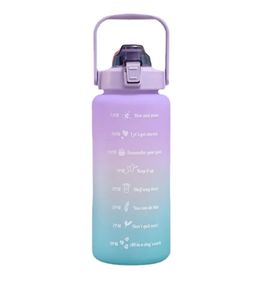Trinkflasche Wasserflasche 2 Liter, Trink Motivation, Tages Skala, BPA frei, Strohhalm + 2 Trinkaufsätze, auslaufsicher, Camping, Sport, lila-türkis