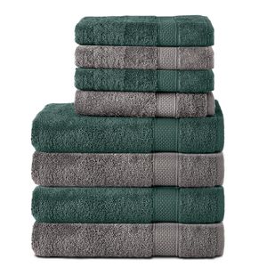 Komfortec 8er Handtuch Set aus 100% Baumwolle, 4 Badetücher 70x140 und 4 Handtücher 50x100 cm, Frottee , Weich,Groß, Anthrazit/Dunkelgrün
