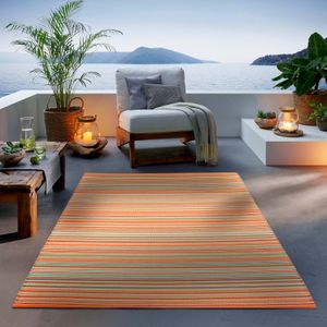 Outdoor Teppich I Wetterfest Für Drinnen und Draußen I Terrasse Balkon Garten Wohnzimmer Badezimmer Küche Flur Läufer |  Orange Streifen