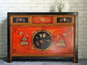 OPIUM OUTLET Kommode Sideboard vintage schwarz-rot  Schrank Möbel orientalisch chinesisch antik Landhaus-Stil, Schränkchen Anrichte Shabby Chic