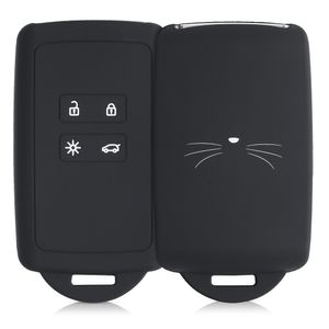 kwmobile Autoschlüssel Hülle kompatibel mit Renault 4-Tasten Smartkey Autoschlüssel (nur Keyless Go) - Silikon Schutzhülle Schlüsselhülle Cover Katze Miau Weiß Schwarz