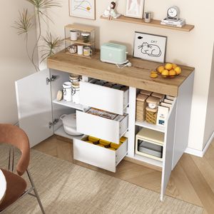 Flieks Kommode Sideboard mit 3 Schubladen und 2 Türen, Wohnzimmerschrank Schubladen Kommode Aufbewahrungsschrank, Weiß Naturbelassen