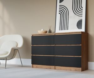 Komodenschrank mit 6 Schubladen, Farbe: Wotan Eiche & Schwarz, A: 120 x 79 x 39 cm, Schubladenkommode, Kommode mit Schubladen, Sideboard Wohnzimmer, Schlafzimmer Kommode, Kommode Schwarz, Kommode Flur, Highboard