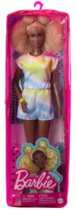 Barbie Fashionistas Puppe (bunter Jumpsuit), groß, blonder Afro, Jumpsuit in Batikoptik, Turnschuhe, gelbes Armband, für Kinder von 3 bis 8 Jahren