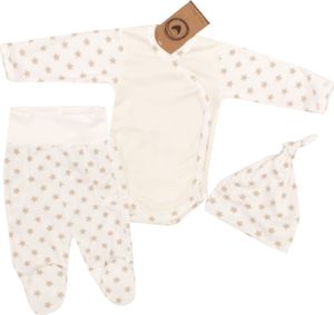 Baby Mädchen Jungen Set 3-teilig Body Hose + Mütze Gr. 62 Sterne beige weiß