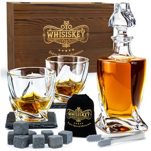Whisiskey - Whisky Karaffe – Twisted Dekanter Set - Whiskey Karaffe Set - 1000ML - Geschenke für Männer - Inkl. 8 Whisky Steine, Zange & 2 Whisky Gläser