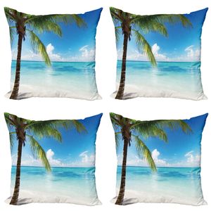 ABAKUHAUS Ozean Kissenbezug Set (4 Stück), Exotische Strand-Küstenlinie, Moderner Doppelseitiger Digitaldruck, 40 cm x 40 cm, Grün, Blau, Weiß