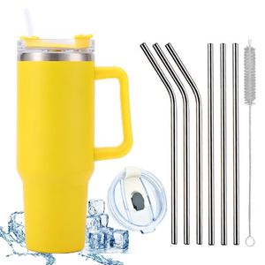 1200 ML Isolierbecher Edelstahl mit Griff 40 OZ Doppelwandiger Kühlbecher Reisebecher Autobecher mit Strohhalm und Auslaufsicher Becherdeckel, gelb, 9 Stück, 40 OZ