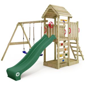 WICKEY Spielturm Klettergerüst MultiFlyer Holzdach mit Schaukel & Rutsche, Kletterturm mit Holzdach, Sandkasten, Leiter & Spiel-Zubehör - grün