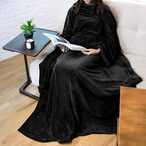 Schwarz Kuscheldecke Decke mit Ärmeln und Tasche, 170*200CM Warme Sofadecke Ärmeldecke Ganzkörperdecke Fleecedecke