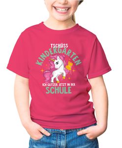 Kinder T-Shirt Mädchen Schulkind Tschüss Kindergarten ich glitzer jetzt in der Schule Einhorn Geschenk zur Einschulung Moonworks® pink 122-128 (7-8 Jahre)