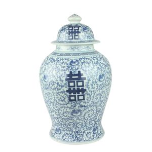 Fine Asianliving Chinesische Deckelvase Blau Weiß Porzellan Handbemalt Doppeltes Glück D24xH42cm Dekorative Vase Blumenvase Orientalische Keramik Vase Dekoration Vase Moderne Tischdekoration Vase