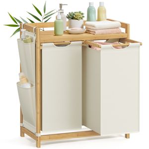 Wäschekorb 2 Fächer, Bambus, Wäschesammler 100 L, mit Ablage