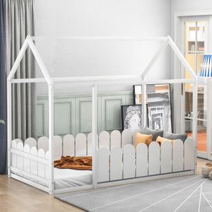 Merax Kinderbett 80x160cm Hausbett mit Dach und Zaun, Spielbett Einzelbett aus massivem Kiefernholz, Weiß
