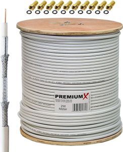 PremiumX 250m BASIC Koaxialkabel 135dB 4-fach SAT Antennenkabel Koax-Kabel DVB-S / S2 DVB-C DVB-T BK Anlagen 10x F-Stecker