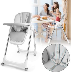LZQ Baby Klappbar Hochstuhl Grau Kinderhochstuhl Faltbar Babystuhl Höhenverstellbar Kinder Kombihochstuhl Liegefunktion, 5-Punkt-Sicherheitsgurt mit 4 Rädern