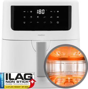 MEDION P10 XL Heißluftfritteuse (6,8 Liter XXL, Airfryer, 2.150 Watt, zwei Heizelemente aus Edelstahl, Schüttel Alarm, 9 Automatikprogramme, Touch Bedienfeld, LED Anzeige)