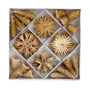 30-teilig Strohsterne Box Weihnachtsanhänger Gold Sterne Zapfen Christbaumschmuck