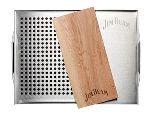 Jim Beam BBQ Grillplatte Grillschale Edelstahl - mit Räucherbrett aus Zedernholz