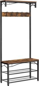 VASAGLE Garderobenständer mit 3 Ablagen Schuhregal mit  Sitzfläche 178,5 x 80 x 30 cm Kleiderständer mit 5 Haken Vintage HSR45BX