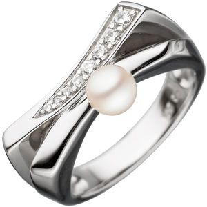 JOBO Damen Ring 925 Sterling Silber 1 Süßwasser Perle mit Zirkonia Perlenring Größe 52