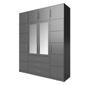 BETTSO Drehtürenschrank Kleiderschrank mit 4 Türen und 3 Schubladen Spiegel mit Silberne Griffe Bali D4 Garderobenerweiterung Graphit