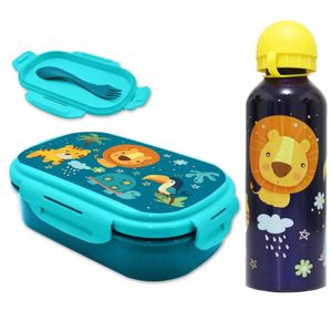 Jungle Friends 3 tlg Kinder Lunch Set Brotdose Alu Trinkflasche 500 ml Göffel – Blau