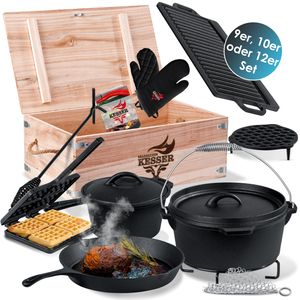 KESSER® Dutch Oven Set in Holzkiste mit Dutch Oven Mit viel Zubehör - Gusseisen - bereits eingebrannt mit Kochtopf Grillplatte Pfanne Deckelheber Inkl. Rezeptbuch Handschuhe, Farbe:12-Teilig