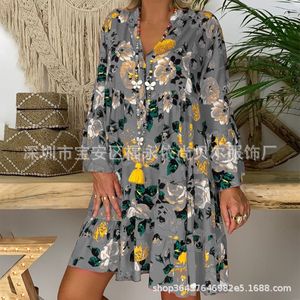 Plus Size Damen Stehkragen Knopf Rüschenkleid flauschiger Strandrock,Farbe: Graue Blumen,Größe:3XL