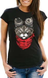 Damen T-Shirt Katze Cat Steampunk Slim Fit Moonworks® schwarz M