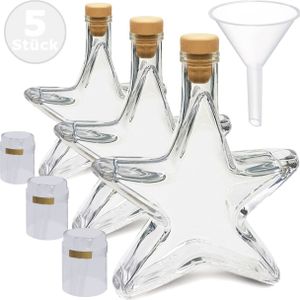5 Sternflaschen leer 200ml Stern Weihnachtsflaschen Flasche Sternform Geschenkflasche Sterne 0,2l mit Korken, Kapseln zum Versiegeln & Trichter zum Befüllen