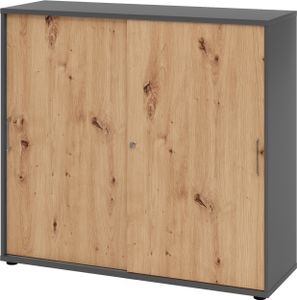 bümö Schiebetürenschrank "3OH" - Aktenschrank abschließbar, Sideboard Schrank mit Schiebetüren in Graphit/Asteiche - Büroschrank aus Holz mit
