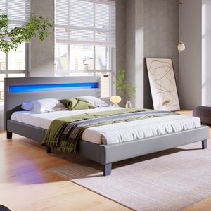 Merax Polsterbett  140 x 200cm Doppelbett mit LED Beleuchtung und Lattenrost, Betten Funktionsbett mit Kunstleder Bezug und Holz Gestell, Grau