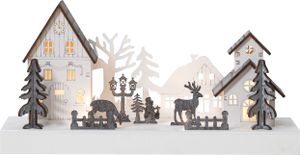 LED Weihnachtsdeko Fauna von Star Trading, Winterdorf aus Holz mit Beleuchtung und Timer, warmweiß, batteriebetrieben, Länge: 28 cm
