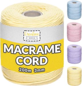 Creative Deco 200m Pastel-Gelb Makramee-Garn Baumwoll-Polyester-Kordel Baumwoll-Schnur | 656 Fuß | 2-3 mm Dicke | Große Rolle Naturliche Starke | Perfekt für Basteln, DIY, Handwerk & Stricken