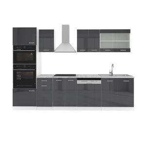 Livinity® Küchenzeile R-Line, 300 cm mit Hochschrank, ohne Arbeitsplatte, Anthrazit Hochglanz/Weiß