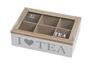 Aufberahrungskiste für Teebeutel, in sechs Fächer unterteilt, mit Sichtfenster, Holz/MDF, mit Aufschrift "I love Tea"