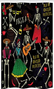 ABAKUHAUS Skelett Schmaler Duschvorhang, Dia de los Muertos Fiesta, Badezimmer Deko Set aus Stoff mit Haken, 120 x 180 cm, Mehrfarbig