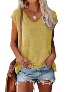Damen Blusen Kurzarm Tops Sommer Shirts Tee Tunika Bluse T-Shirt Lässig Oberteile Gelb,Größe XL