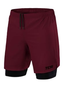 TCA Ultra Laufhose Herren 2 in 1 Kurze Sporthose Trainingsshorts Laufshorts mit integrierter Kompressionshose und Reißverschlussfach - Rot/Schwarz (Reißverschlusstasche), XL