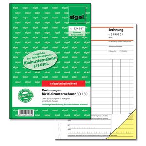 SIGEL SD130 Rechnungen für Kleinunternehmer, ohne MwSt.-Ausweis, mit fortlfd. Nummer, 1./2. Blatt bedruckt, A5, selbstdurchschreibend, 2 x 30 Blatt