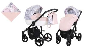 Kinderwagen TIARO Sportwagen Babywagen Babyschale Komplettset Kinder Wagen Set 2 in 1 (Rosa mit Blumen, Rahmenfarbe: Schwarz)