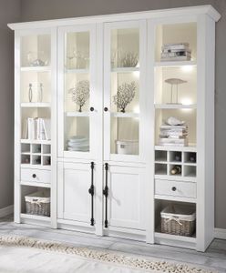 Buffetschrank "Hooge" in Pinie weiß Landhaus Vitrinenschrank mit Weinregal 194 x 207 cm
