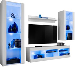 Komodee | Wohnwand mit TV-Schrank und Vitrine Tivoli Set Medio, Korpus Weiß Matt Frontfarbe Weiß Matt