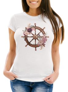 Damen T-Shirt Steuerrad Blumen Wasserfarben Watercolor Slim Fit Neverless® weiß M