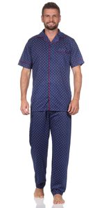 Herren Pyjama Set Hemd & Hose Schlaf-Anzug Nachthemd, Dunkelblau/M/48