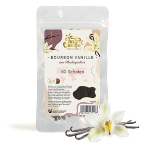 JUST VANILLA Bourbon 50 Stk Vanilleschoten 105g Premium Vanille aus Madagaskar zum Backen Verfeinern von Süßspeisen, ganze Schoten